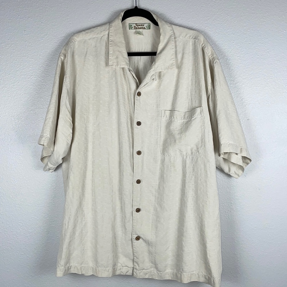 Tommy Bahama silk XL mens button up casual shirt cream tan patterned